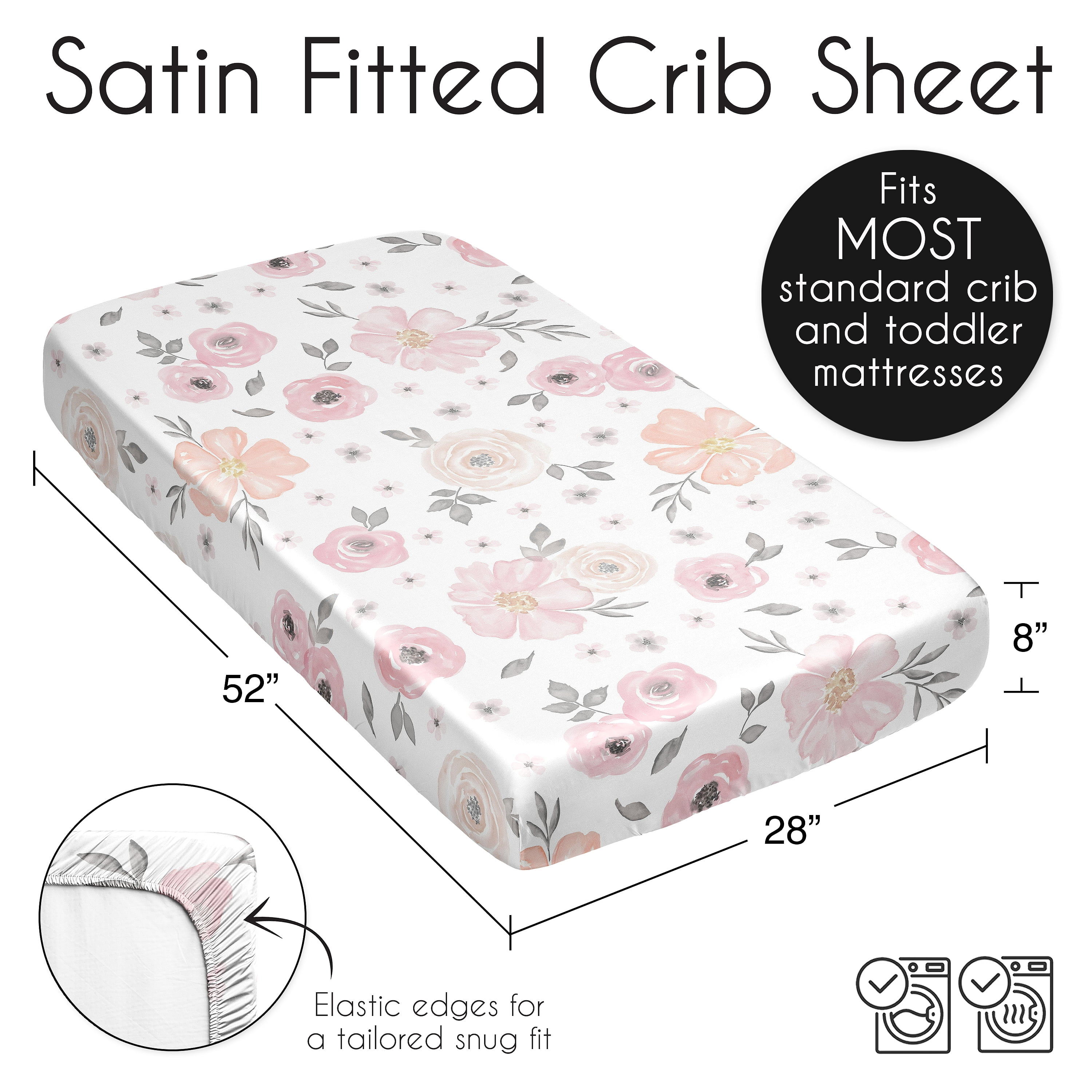 Sweet Jojo Designs Watercolor Floral Blush Pink Grey White Gray Satin Fitted Crib Sheet
