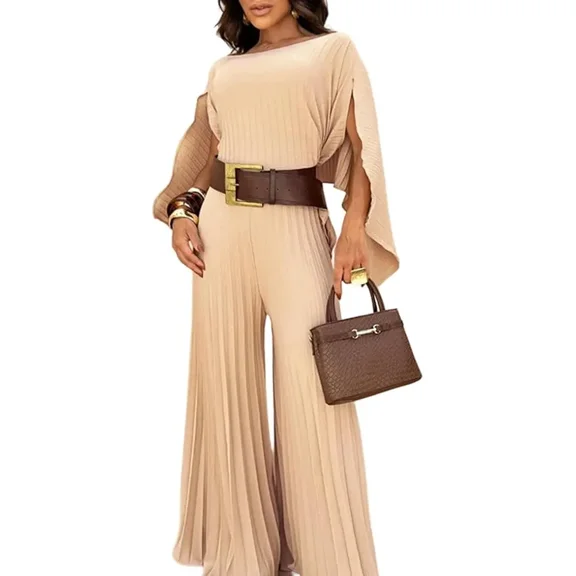 CHICME Women's 2 Piece Pleated Outfits Set Asymmetrical One Shoulder Tops & High Waist Wide Leg Pants Elegant Irregular Hem Matching Set Beige-M