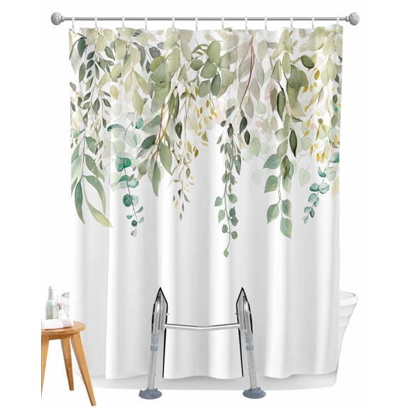 Split Shower Curtain for Transfer Bench, Spring Botanical Fabric Shower Curtains for Bathroom, Teal Eucalyptus Leaves Watercolor Tub Sliding Transfer Bench Waterproof Bath Curtains 72"x78"