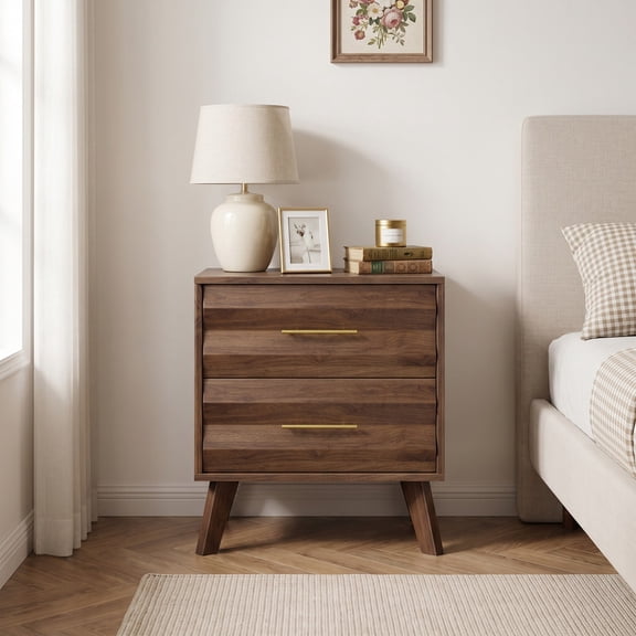 iooHug 2-Drawer Wood Nightstand, Mid-Century Modern Bedside End Table with Wave Panel Drawers & Gold Handles, Walnut Storage Cabinet for Bedroom