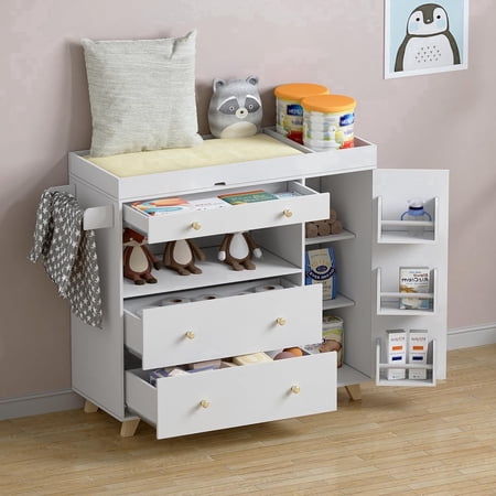 PAKASEPT 43 Changing Table Dresser Baby Classic Nursery Dresser with 3 Drawers and 1 Cabinet Multi-Functional Baby Changing Table