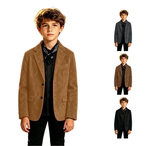 Playtopia Boys Jacket Suede Notched Lapel Blazer Casual Single Breasted Outerwear Youth Boys Formal Daily Coat 1 Pack Sizes 120,130,140,150,160