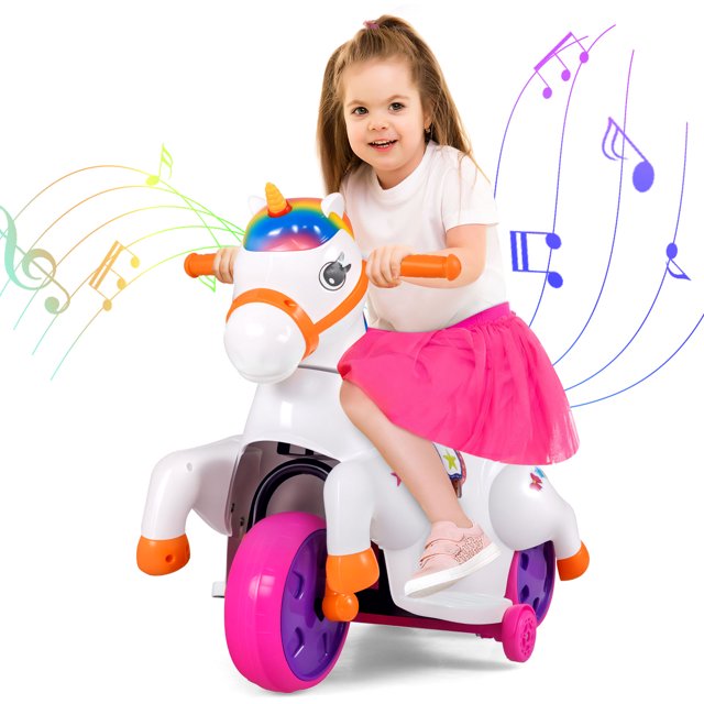 Gymax 12V Kids Ride on Unicorn Toy w/ Training Wheels Music One-button Start & LED Power Display