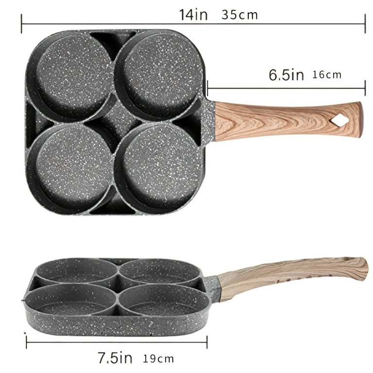 APPO 4 Hole Egg Pan, Non-Stick Pan with Wooden Handle, Work with Open Flame  and Gas Stove, Suitable for Egg Burger, Grey Black, 15''L x 7.36'' W, each