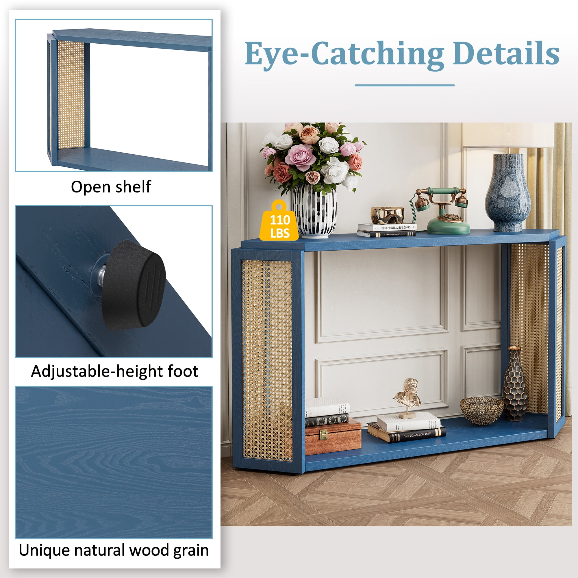 53.5'' Narrow Entryway Console Table with Unique Irregular Top Design, Entryway Table with Open Shelf, Rattan Sofa Entryway Console Table for Living Room Hallway and Entrance (Antique Blue)