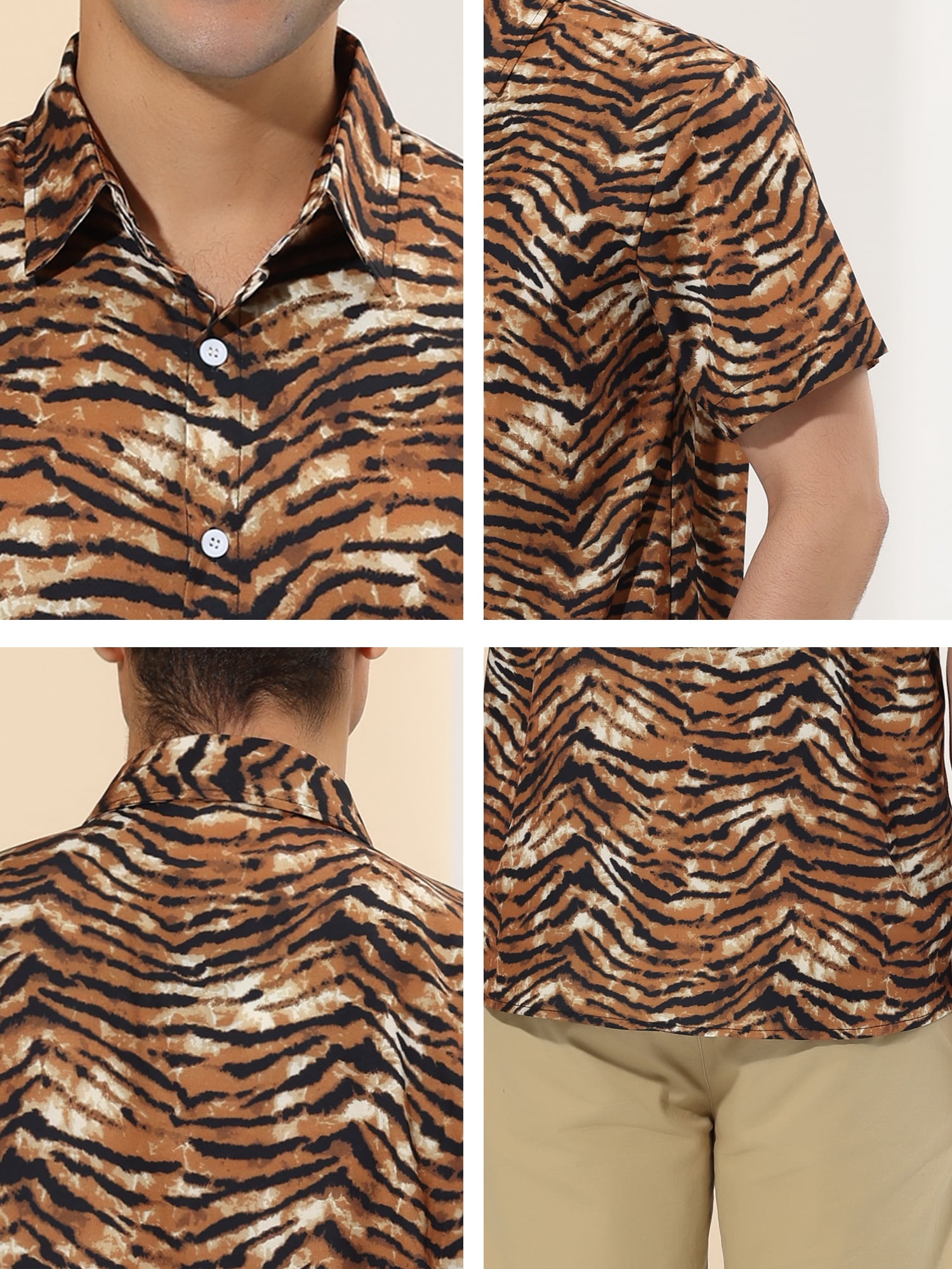 Unique Bargains Men's Animal Print Short Sleeves Casual Summer Printed Shirts S Tiger Print