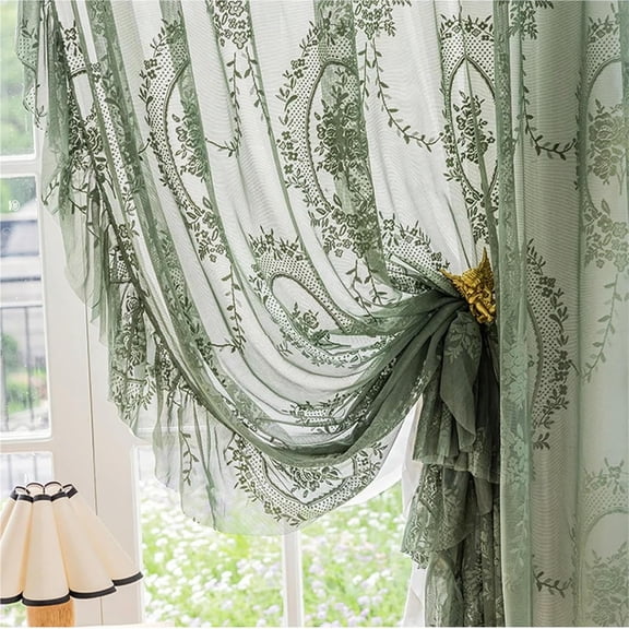 Dark Green Sheer Vintage Tulle Curtains Ruffle Embroidered Flowers Light Filtering Window Drapes for Bedroom Balcony