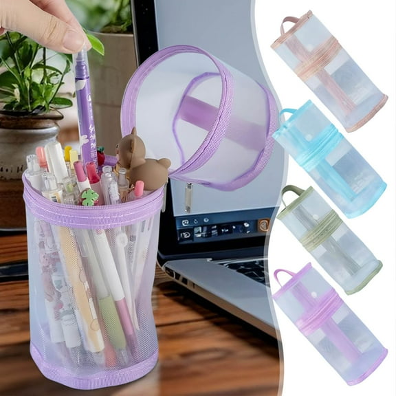 Mesh Pen Bag | Transparent Cylindrical Pencil Case | Large Capacity Stationery Organizer | Durable Gauze Material | 20x9.5x9.5cm | Versatile Vertical Supply Holder