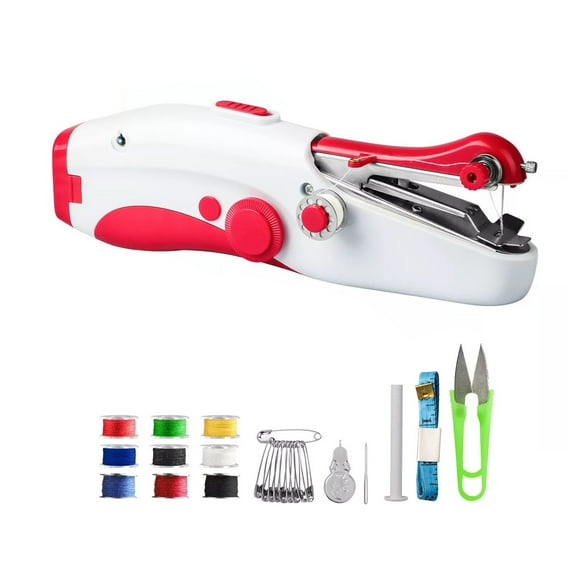 TAPDRA Mini Sewing Machine Handheld Complete Kit Dual Power AA DC Simple Use Travel Mending Beginner DIY Craft Red Plastic Metal