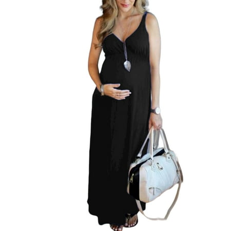 

WISEFIN Women Maternity Fashion Solid Color V-Neck Casual Slip Dress
