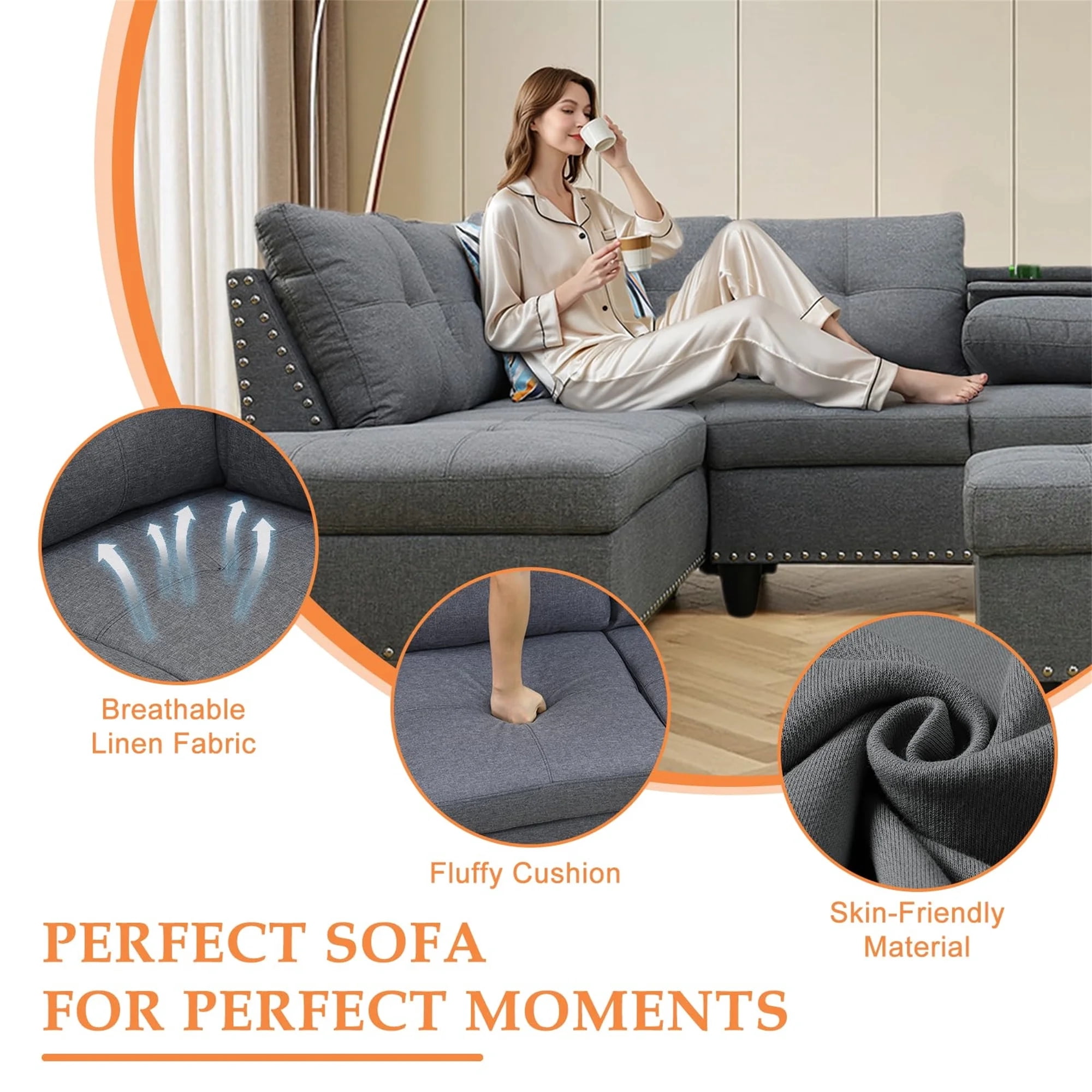 Aukfa 3 Piece Sectional Sofa Couch with Cupholder USB & Storage Ottoman for Living Room, Linen, Right Chaise, Gray