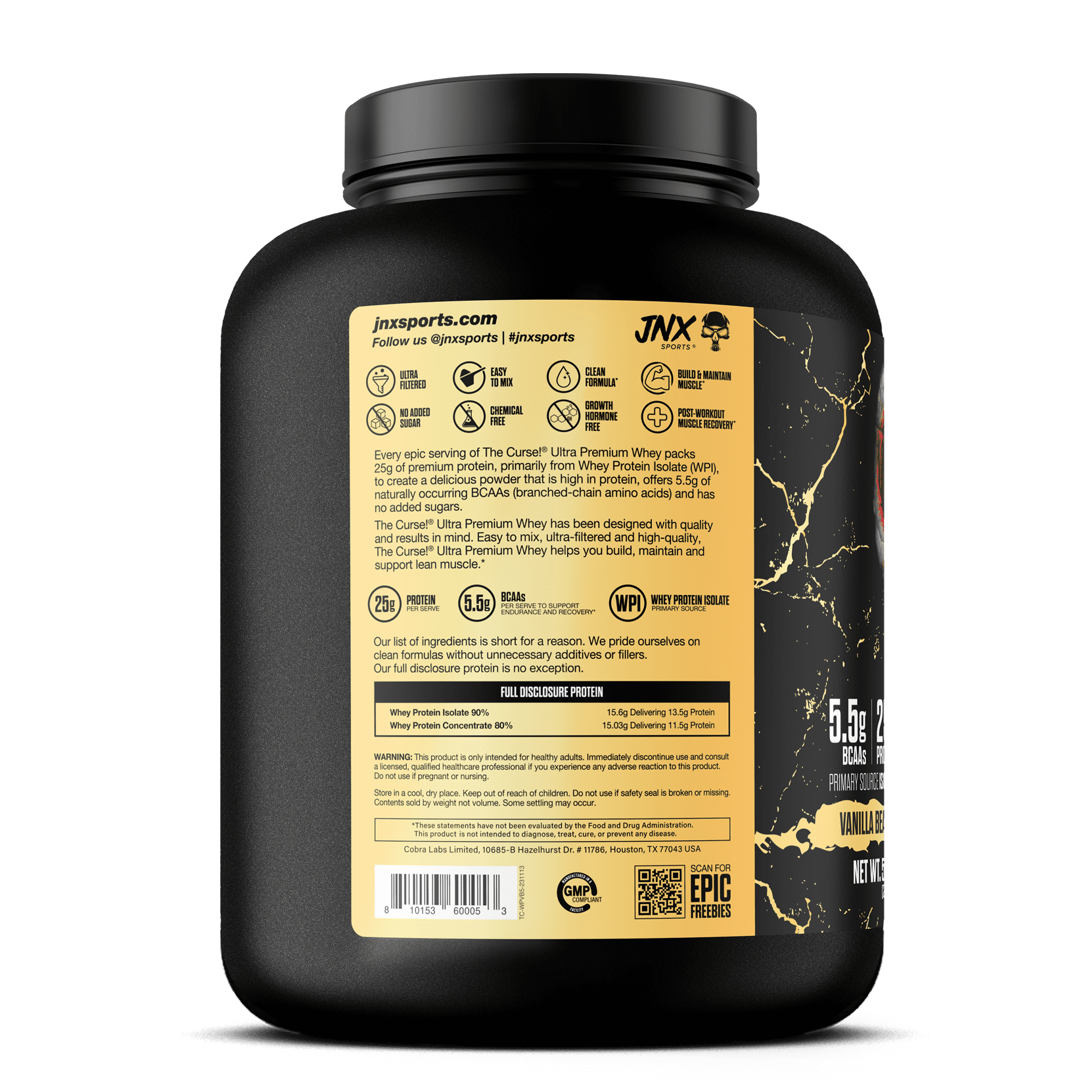 JNX Sports® The Curse! Ultra Premium Whey Protein Powder Vanilla Bean, Whey Protein Isolate Blend, 25g Protein per Serving, 5 lb