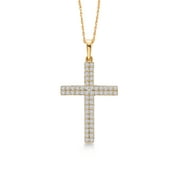 Gem Stone King 10K Yellow Gold White Lab Grown Diamond 2 Line Cross Crucifix Pendant Necklace for Women | 0.44 Cttw | G-H Color | 55 Diamonds | 1 inch | With 18 inch Chain