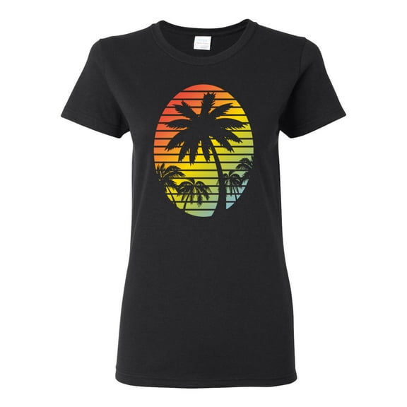 Tropical Palm Trees Silhouettes with Sunset | Womens Pop Culture Graphic T-Shirt, Black, Small