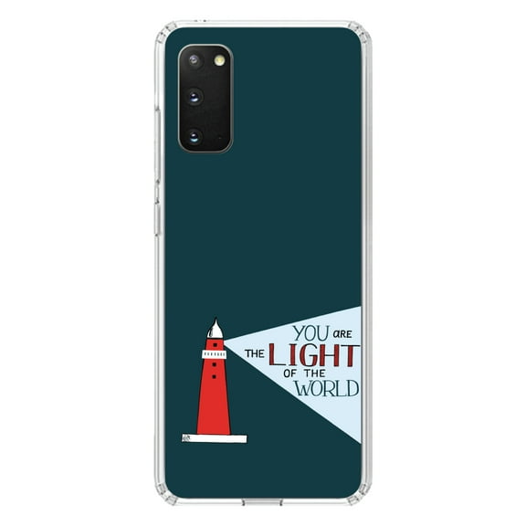 DistinctInk Clear Shockproof Hybrid Case for Galaxy S20 PLUS / 5G (6.7" Screen) - TPU Bumper, Acrylic Back, Tempered Glass Screen Protector - You Are the Light of the World / Light House