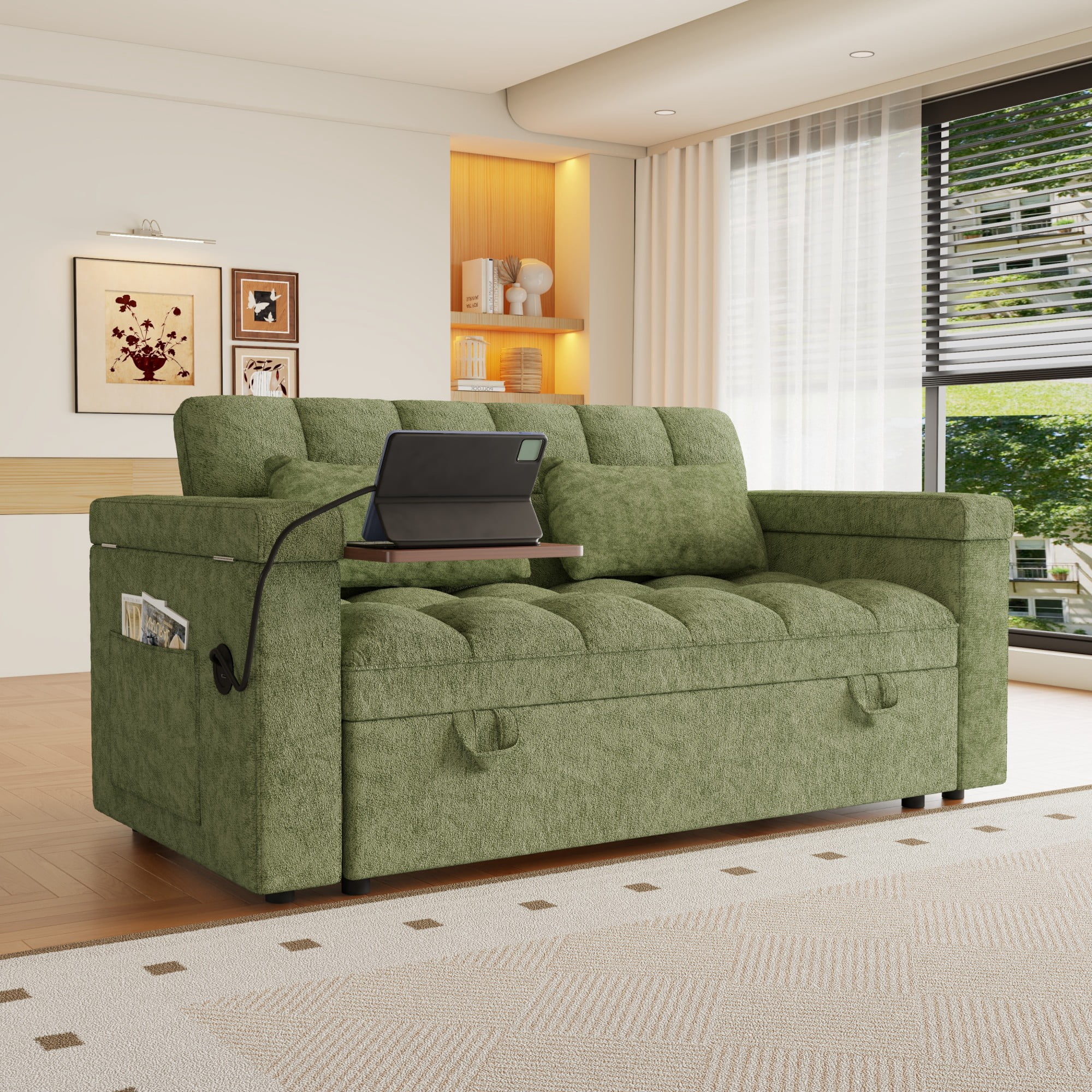 DEALTOPS 65" Chenille 3-in-1 Pull Out Sleeper Sofa Bed, Loveseat Couch with Tray Table & USB, Green