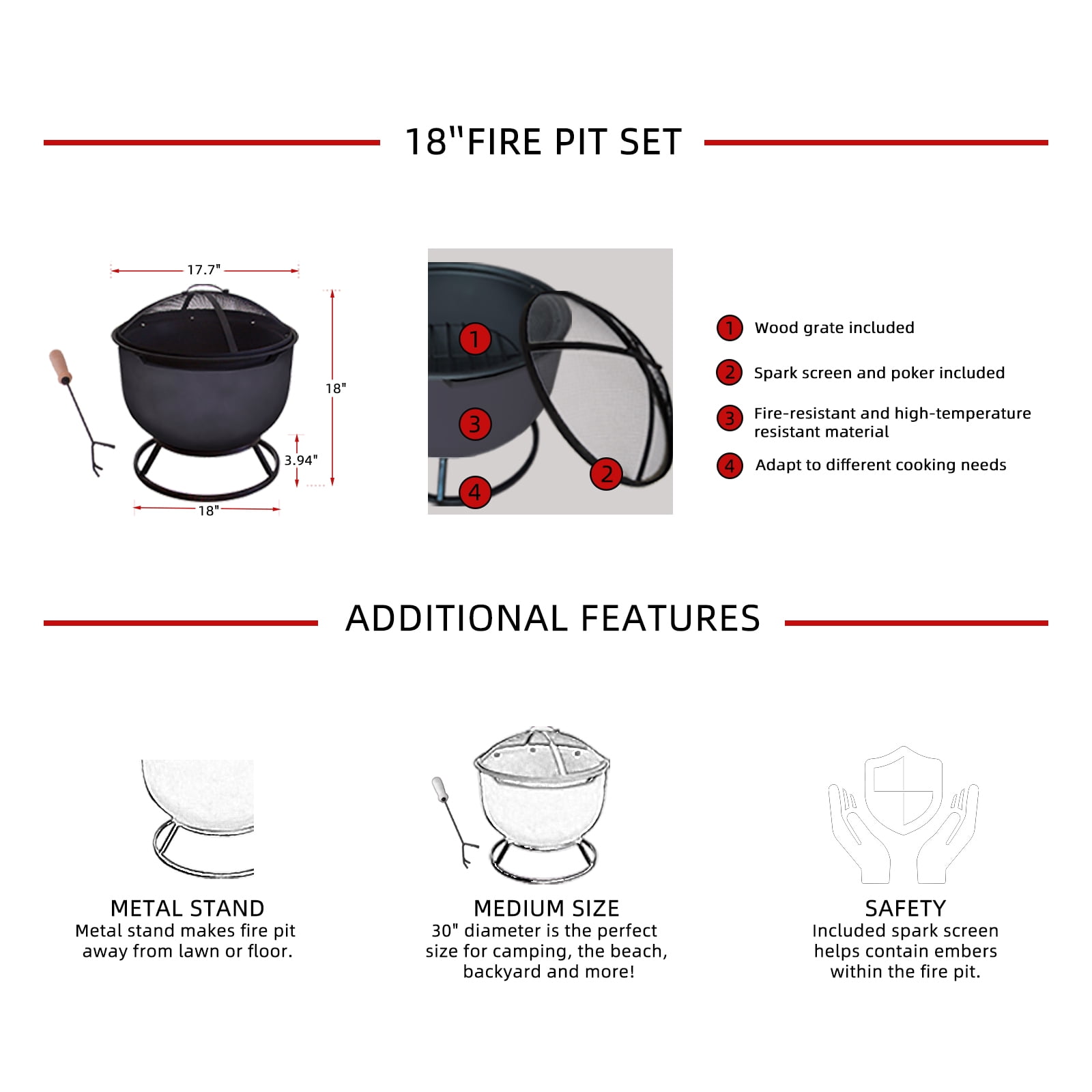 Afterglow Round Terrafab Outdoor Wood Burning Fire Pit with Safe Spark Screen and Height Increase Frame Stand, Dark Gray