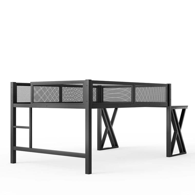 Full Gaming Loft Bed with Computer Desk of X-Shaped Legs, Metal Bed Frame with LED Lights, Charge Station & Mesh Guardrail