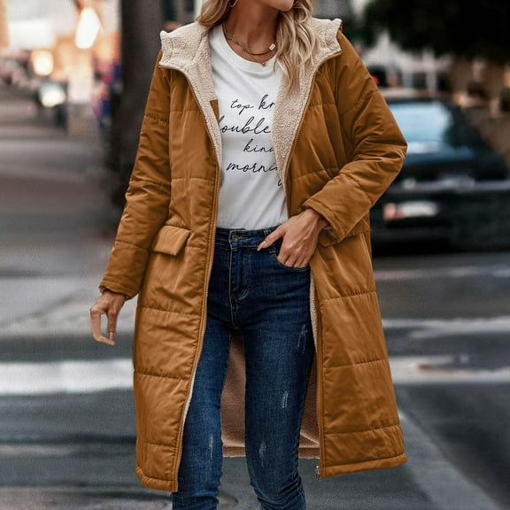 AOOCHASLIY Women Coat Clearance Women Winter Casual Loose Solid Color Pocket Zippered Fashion Tops Reversible Long Cotton Coat