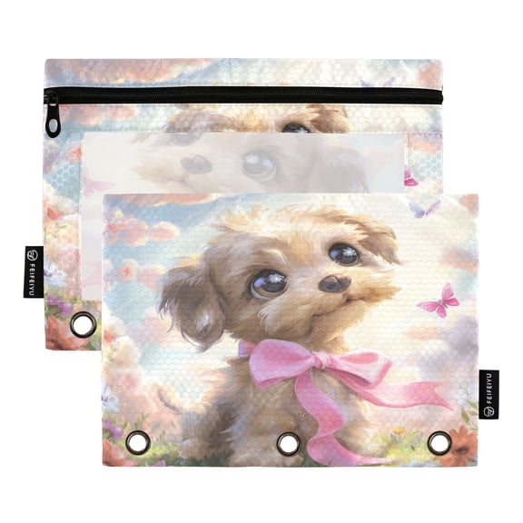 2 Pack 3 Ring Binder Pouch with Clear PVC Window Water Resistant Zipper Pencil Pouch Cartoon Long-haired Teddy Binder Pocket for Classroom Office Home Stationery Organization