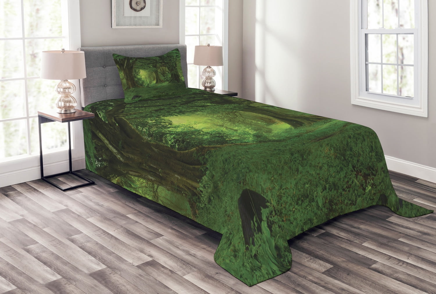 Nature Bedspread Set Twin Size, Deep Tropical Jungle Trees Foliage in