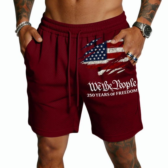 Havenx 250th Years Of American Freedom Usa Shorts for Men Mesh Drawstring Elastic Waist Short with Pockets Fast Dry Sweat Shorts Athletic Running Training Summer Beach Wear,Wine M