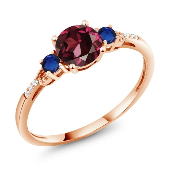 Gem Stone King 10K Rose Gold Red Rhodolite Garnet Blue Created Sapphire and White Diamond Accent 3-Stone Engagement Ring for Women (1.20 Cttw, Round 6MM, Gemstone January Birthstone, Size 9)