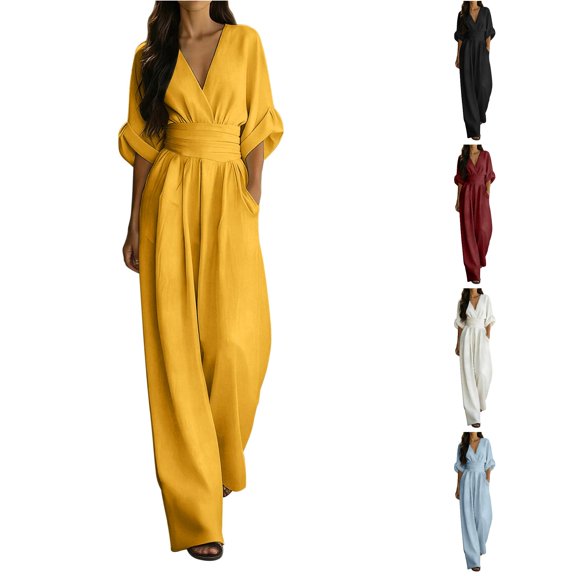 XFeng Linen Blend Wide Leg Jumpsuit for Women, V Neck High Waist One Piece Outfit for Casual Summer Wear