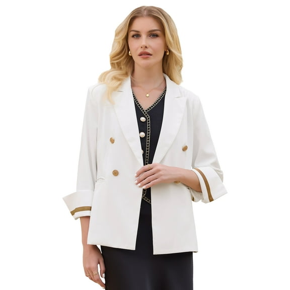 DARING DIVA Women's Blazer Double Breasted 3/4 Sleeve Office Suit Jacket S White