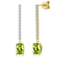 Gem Stone King 14K Yellow Gold Green Peridot and Lab Grown Diamond Dangle Earrings for Women | 2.16 Cttw | Gemstone August Birthstone | Cushion 7X5MM