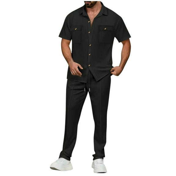 Stamzod Mens Two Piece Summer Outfit Solid Color Short Sleeve Button Down Shirt and Sweatpants with Pocket Casual Loose Fit Track Suits Mens Sweatsuits Black XL