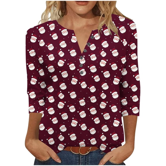 LiMoi Women's Three Quarter Sleeve Seasonal Tees V Neck Tshirt with Holiday Santa Pattern Casual Tops Shirts Blouse My Items