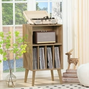 LELELINKY Mid-Century Record Player Stand with Storage Vinyl Record Cabinet Record Player Table Turntable Stand Large Record Holder Holds for Bedroom Living Room, Oak