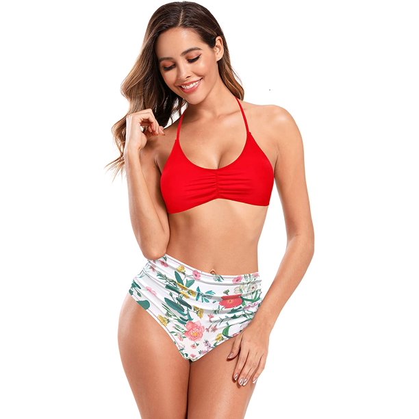 Bikini Halter para Mujer Trajes de Baño de Dos Piezas Fruncidos con Estampado Floral Rosa Roja G Rosa Roja G Xishao ropa