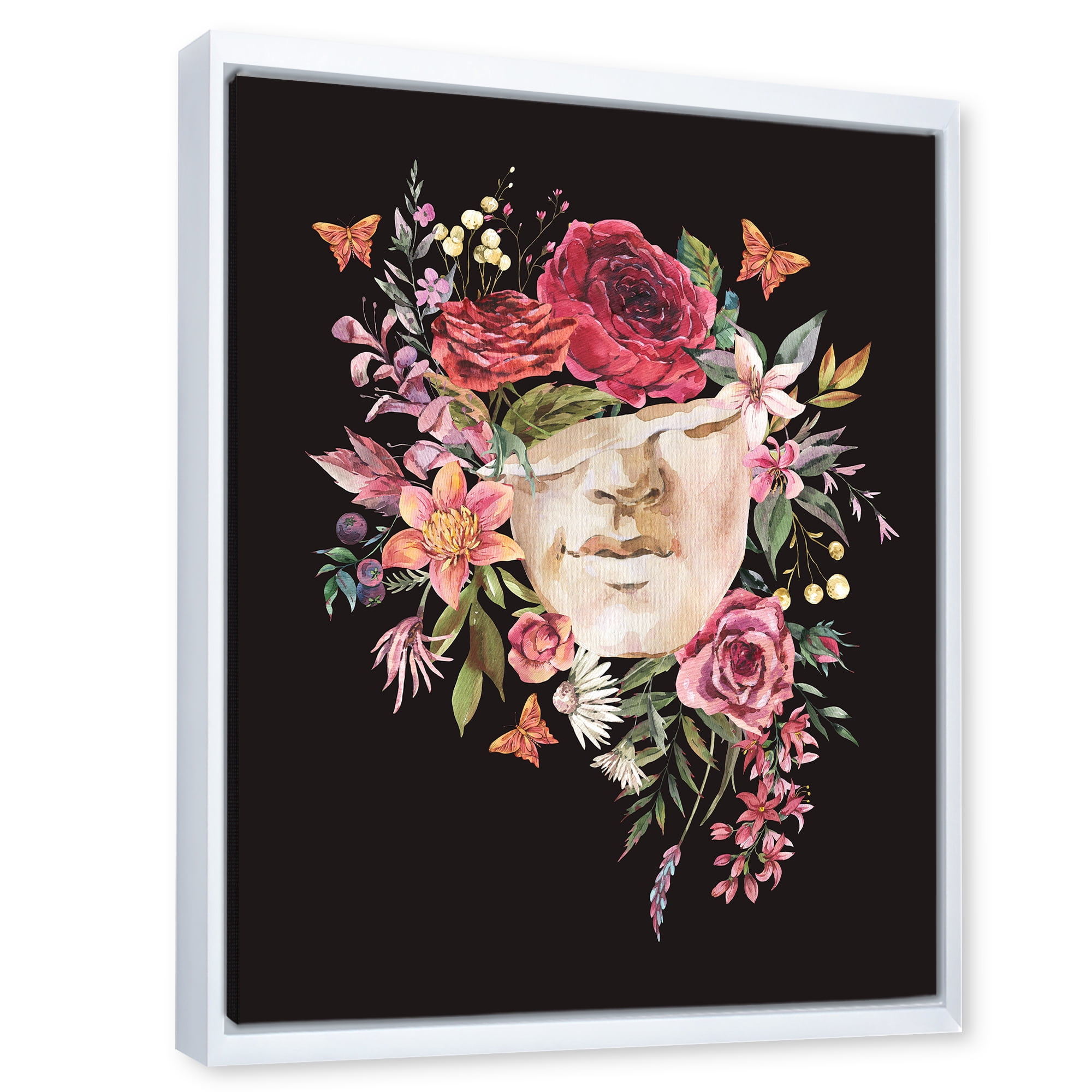 Designart 'Ancient Greek Sculpture Detail With Dry Flowers' Traditional Framed Canvas Wall Art Print