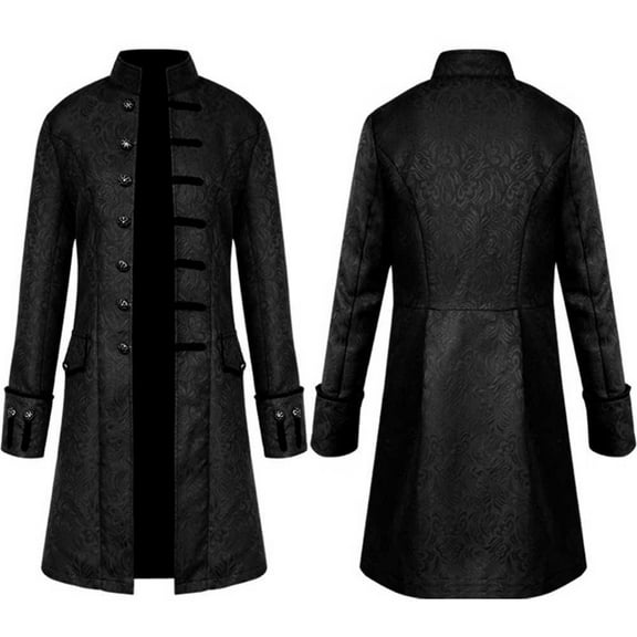 FAOWME Men Overcoat Long Sleeved Stand Collar Buttons Solid Color Retro Comfortable Fashion Jacket For Stage Performance Black L