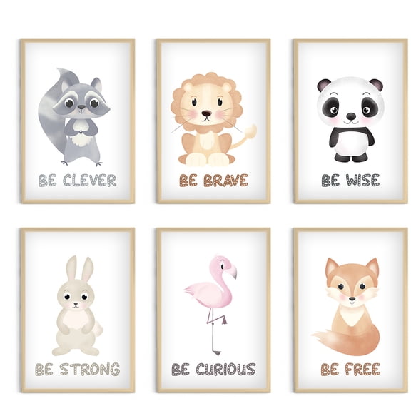 Awkward Styles Bunny Fox Flamingo Lion Poster Set of 6 Be Clever Prints Motivational Wall Art Girls Boys Room Decor for Kids Baby Animals Wall Art No Frame