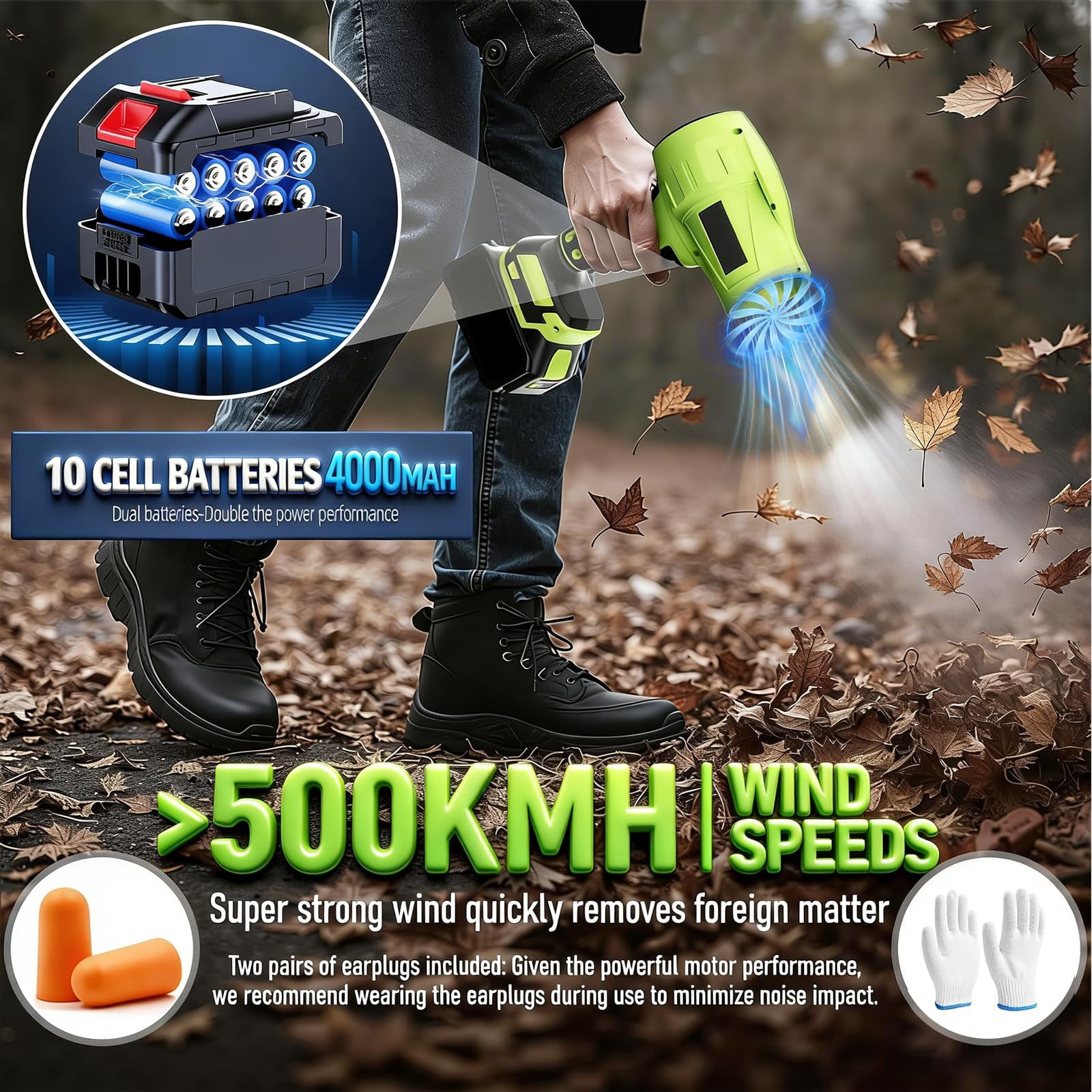Blower Turbo Jet Leaf Blower, Cordless Handheld Electric Blower, 1000 G, 1200 Cfm 200 mph, with Battery & Case, for Car Drying, Lawn, Garage & Snow Removal (2 Battery)