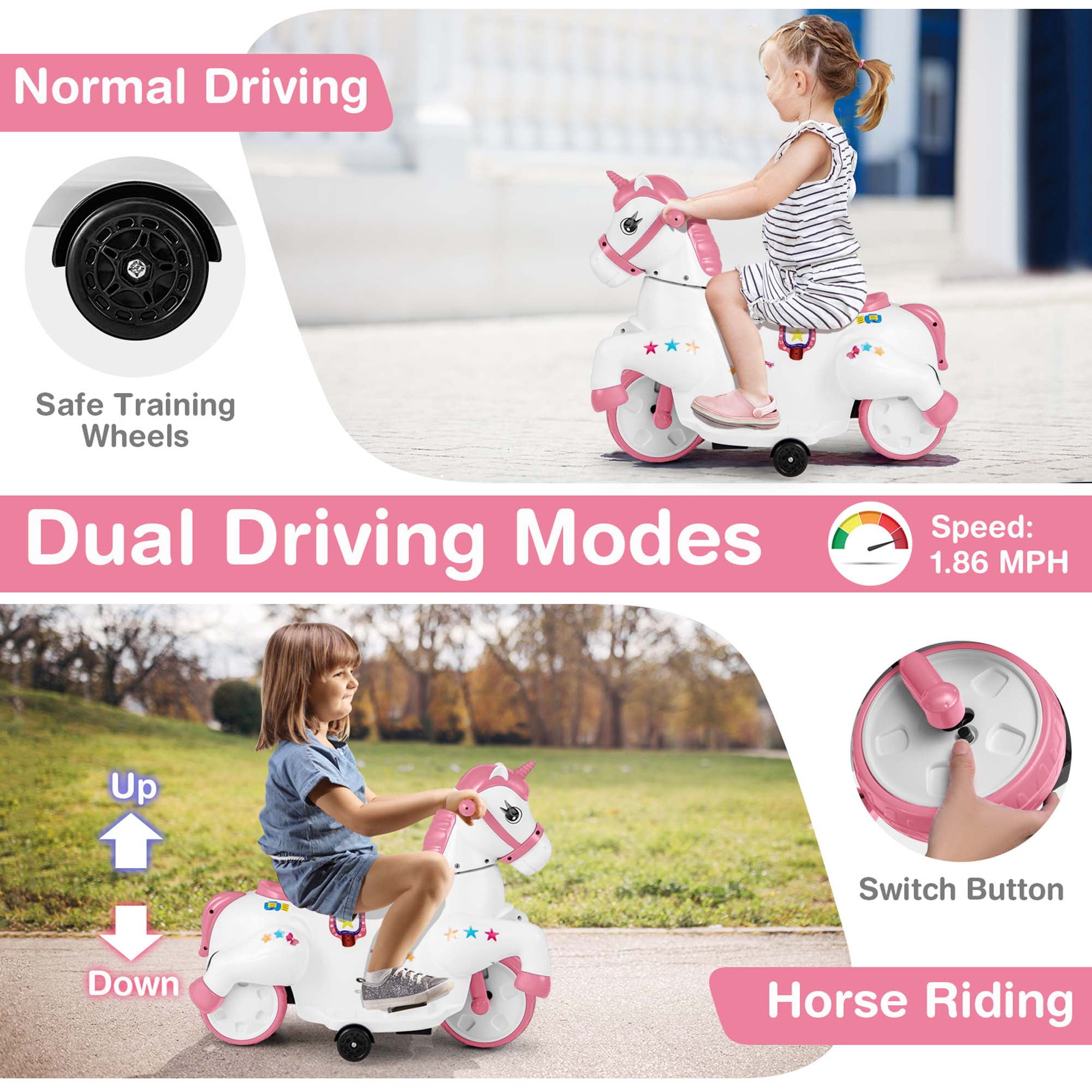 Costway 12V Kids Ride on Unicorn Toy with Training Wheels Music One-button Start Horse Toy Pink