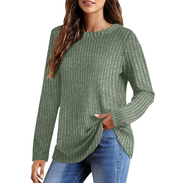 Dealovy Round Neck Blouses for Women Fall Winter Casual Long Sleeve Brushed Ribbed Solid Color Pullover Plain Daily Top