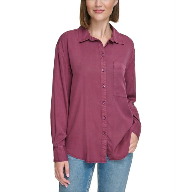 Calvin Klein Womens Solid Boyfriend Button Up Shirt, ltpasred, L