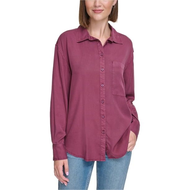 Calvin Klein Womens Solid Boyfriend Button Up Shirt, ltpasred, L
