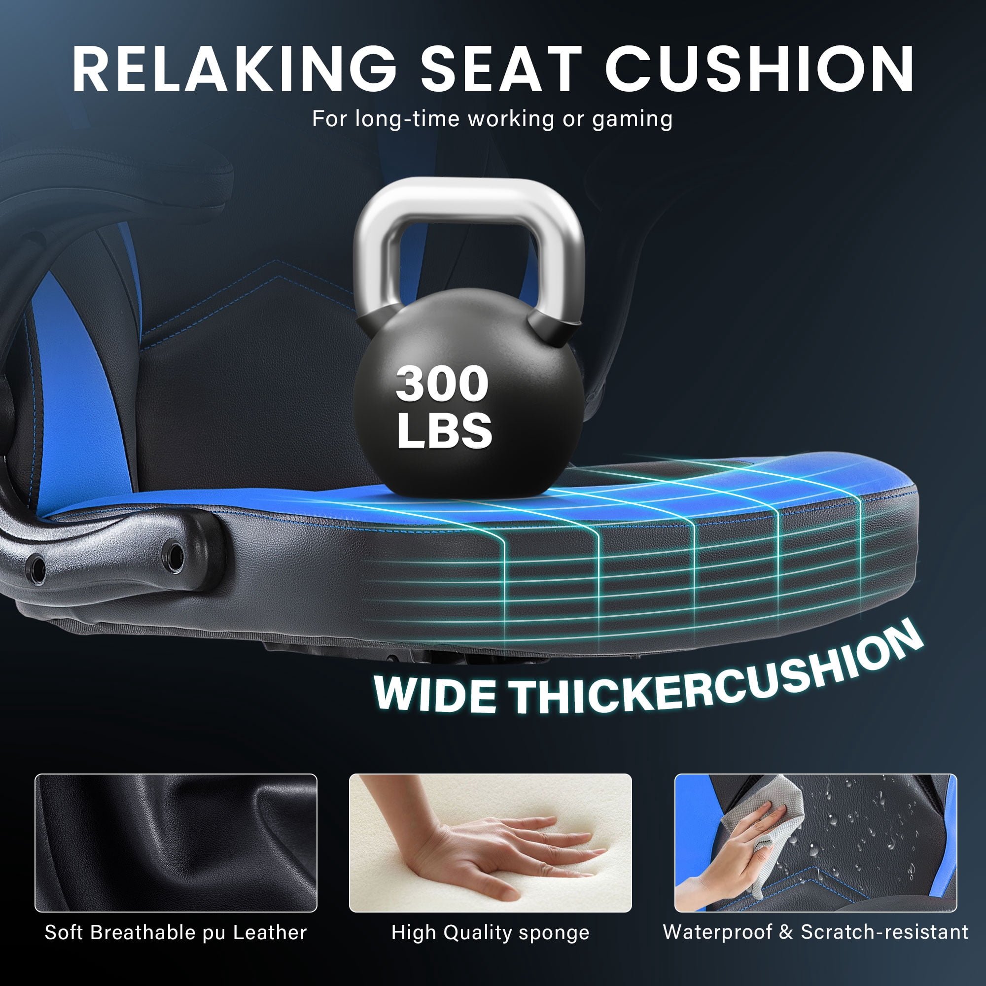 JONPONY Ergonomic Gaming Desk Chair - Adjustable PU Leather Swivel Racing Chair with Flip-up Armrests for Home Office and Entertainment, Perfect for Adults, Kids, and Gamers, Black Blue