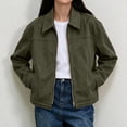 thumbnail image 2 of Xinoom Women's Faux Suede Zip Up Work Jacket, Point Collar Long Sleeve Boxy Cropped Utility Coat with Side Pockets, Casual Fall Outerwear Army Green,L, 2 of 8