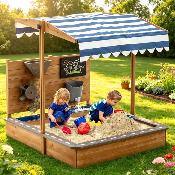 Large Sandboxes with Canopy, Akaber Sand Pit for Kids with Adjustable Cover & Sand Funnel & Drawing Board, Kids Outdoor Sand Box Play for Backyard, Garden, Beach, Outdoor Patio (Brown, Oak)