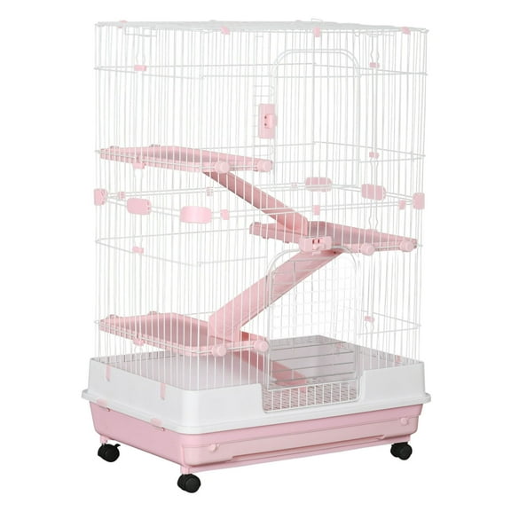 32L 4-Level Small Animal Cage, Rabbit Hutch with Wheels & Tray, Pink - Bunny, Chinchilla, Ferret Habitat