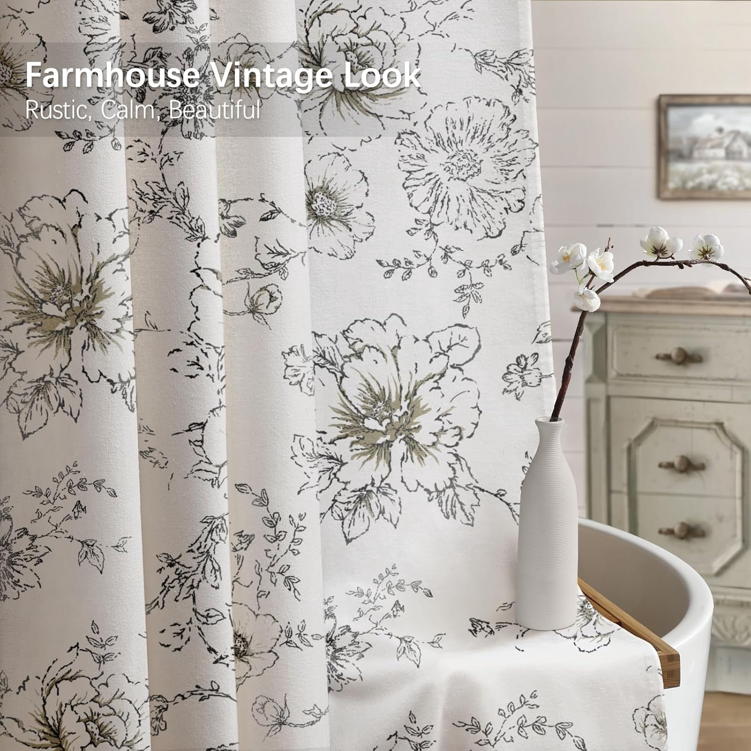 Farmhouse Floral Linen Shower Curtain, Vintage Black and White Pattern Rustic Shower Curtains for Bathroom,72x72