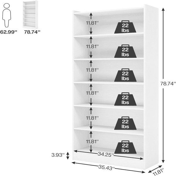 78" Tall Deep 7-Shelf Bookcase, Full Wood (Waterproof Melamine), 22lbs/Shelf, for Home Office, Library, Living Room