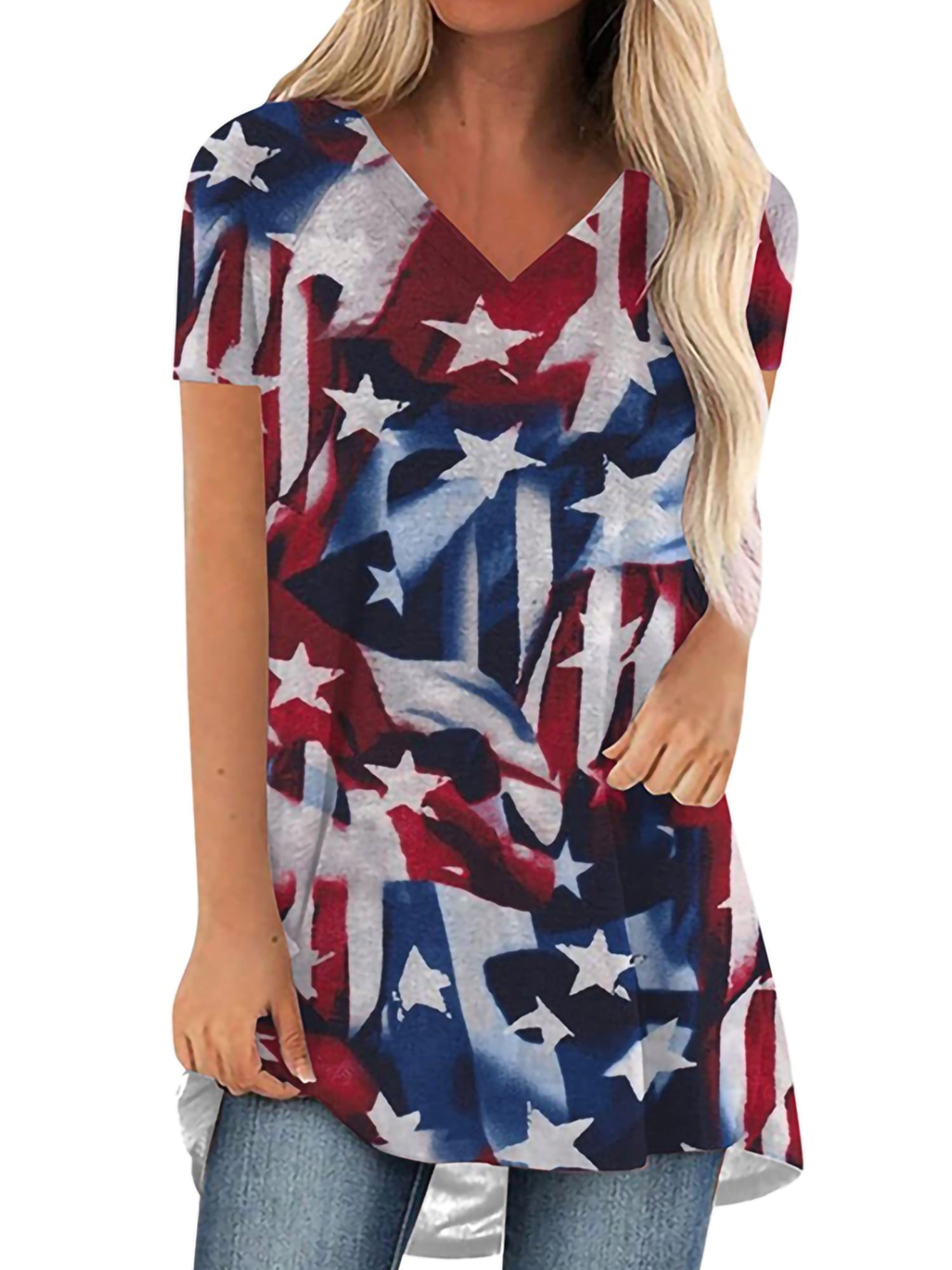 Cindysus Ladies 4th Of July Independence Day Summer Tops Women Asymmetrical Tunic Blouse 