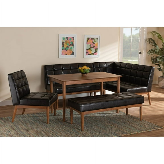 Baxton Studio Sanford Mid-Century Modern Dark Brown Faux Leather Upholstered and Walnut Brown Finished Wood 5-Piece